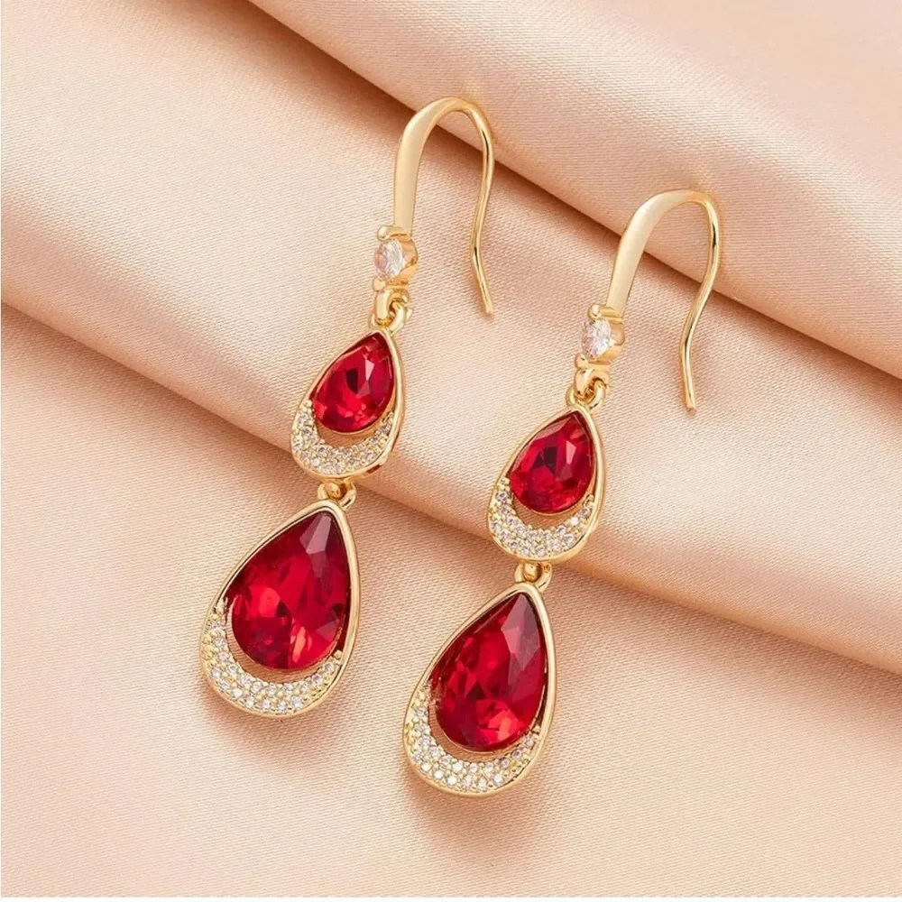 14K Yellow Gold with Ruby Red Austrian Crystal Double Teardrop Hook Earrings